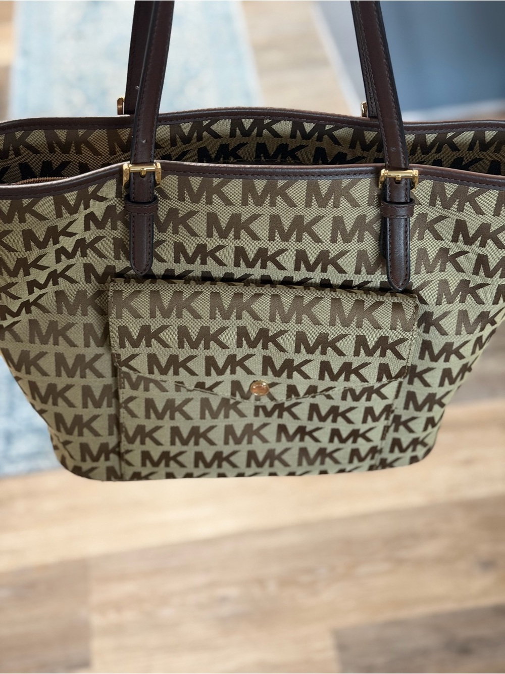 Michael Kors Olive & Dark Brown MK Logo Tote